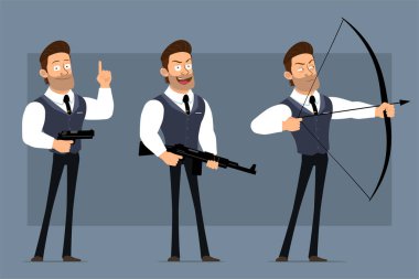 Çizgi film düz komik kaslı güçlü iş adamı karakteri siyah kravatlı. Canlandırmaya hazırız. Gülümseyen çocuk silahla, tüfekle, yayla ateş ediyor. Gri arka planda izole edilmiş. Büyük vektör simgesi kümesi.