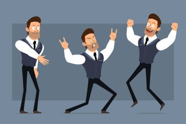 Çizgi film düz komik kaslı güçlü iş adamı karakteri siyah kravatlı. Canlandırmaya hazırız. Rock 'n Roll' cu çocuk zıplıyor ve dans ediyor. Gri arka planda izole edilmiş. Büyük vektör simgesi kümesi.