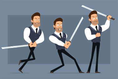 Çizgi film düz komik kaslı güçlü iş adamı karakteri siyah kravatlı. Canlandırmaya hazırız. Kızgın çocuk Katana kılıcıyla dövüşüyor. Gri arka planda izole edilmiş. Büyük vektör simgesi kümesi.