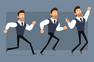 Çizgi film düz komik kaslı güçlü iş adamı karakteri siyah kravatlı. Canlandırmaya hazırız. Gülümseyen çocuk yürüyor, koşuyor ve zıplıyor. Gri arka planda izole edilmiş. Büyük vektör simgesi kümesi.