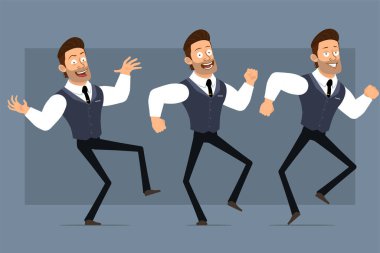 Çizgi film düz komik kaslı güçlü iş adamı karakteri siyah kravatlı. Canlandırmaya hazırız. Çılgın gülümseyen çocuk zıplıyor ve dans ediyor. Gri arka planda izole edilmiş. Büyük vektör simgesi kümesi.