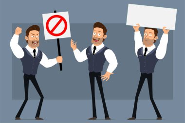 Çizgi film düz komik güçlü kaslı iş adamı karakteri siyah kravatlı. Canlandırmaya hazırız. İsyancı çocuk durdu, giriş yok ve boş tabela yok. Gri arka planda izole edilmiş. Büyük vektör simgesi kümesi.