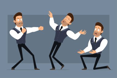 Çizgi film düz komik kaslı güçlü iş adamı karakteri siyah kravatlı. Canlandırmaya hazırız. Kızgın çocuk kavga ediyor ve düşüyor. Gri arka planda izole edilmiş. Büyük vektör simgesi kümesi.