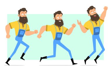 Çizgi film düz komik, kaslı, sakallı, mavi kotlu bir oduncu. Animasyon için hazır. Gülümseyen adam yürüyor, koşuyor ve zıplıyor. Yeşil arka planda izole edilmiş. Vektör simgesi ayarlandı.