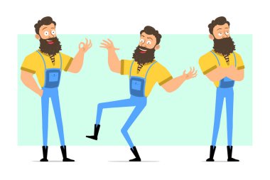 Çizgi film düz komik, kaslı, sakallı, mavi kotlu bir oduncu. Animasyon için hazır. Adam ayakta, zıplıyor ve iyi bir hareket gösteriyor. Yeşil arka planda izole edilmiş. Vektör simgesi ayarlandı.