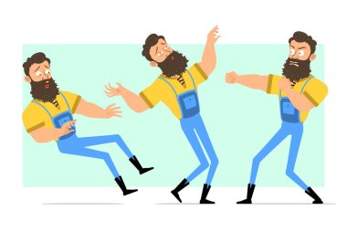 Çizgi film düz komik, kaslı, sakallı, mavi kotlu bir oduncu. Animasyon için hazır. Kızgın adam kavga ediyor ve düşüyor. Yeşil arka planda izole edilmiş. Vektör simgesi ayarlandı.