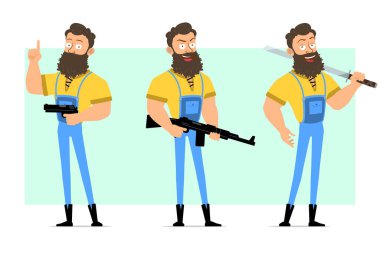 Çizgi film düz komik, kaslı, sakallı, mavi kotlu bir oduncu. Animasyon için hazır. Kızgın adam tabanca, tüfek ve kılıçla ateş ediyor. Yeşil arka planda izole edilmiş. Vektör simgesi ayarlandı.