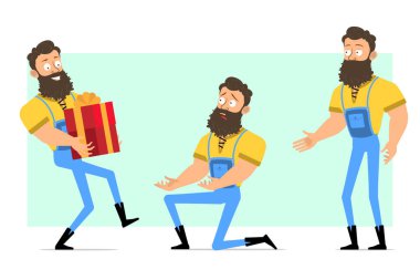 Çizgi film düz komik, kaslı, sakallı, mavi kotlu bir oduncu. Animasyon için hazır. Hediye taşıyan, dizlerinin üzerinde duran ve el sıkışan bir adam. Yeşil arka planda izole edilmiş. Vektör simgesi ayarlandı.