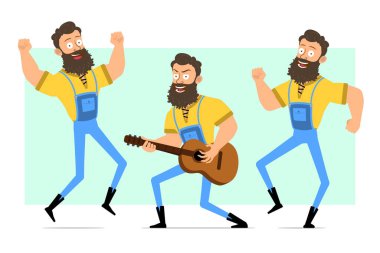 Çizgi film düz komik, kaslı, sakallı, mavi kotlu bir oduncu. Animasyon için hazır. Adam atlıyor, dans ediyor ve gitar çalıyor. Yeşil arka planda izole edilmiş. Vektör simgesi ayarlandı.