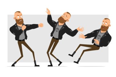 Çizgi film düz komik güçlü sakallı punk holigan deri ceketli mohawk. Animasyon için hazır. Kızgın çocuk kavga ediyor ve bilincini kaybediyor. Gri arka planda izole edilmiş. Vektör simgesi ayarlandı.