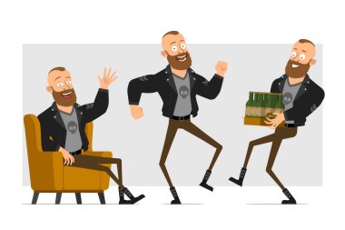 Çizgi film düz güçlü sakallı punk holigan deri ceketli mohawk. Animasyon için hazır. Çocuk dinleniyor, zıplıyor, dans ediyor ve bir sürü bira taşıyor. Gri arka planda izole edilmiş. Vektör simgesi ayarlandı.
