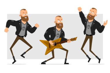 Çizgi film düz komik güçlü sakallı punk holigan deri ceketli mohawk. Animasyon için hazır. Çocuk atlıyor, dans ediyor ve gitarda rock çalıyor. Gri arka planda izole edilmiş. Vektör simgesi ayarlandı.