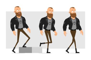Çizgi film düz komik güçlü sakallı punk holigan deri ceketli mohawk. Animasyon için hazır. Başarılı çocuk hedefine doğru yürüyor. Gri arka planda izole edilmiş. Vektör simgesi ayarlandı.