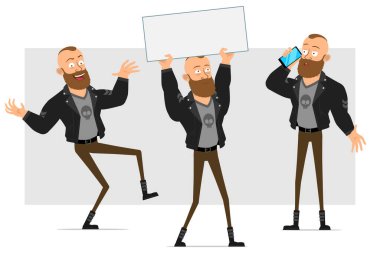 Çizgi film düz güçlü sakallı punk holigan deri ceketli mohawk. Animasyon için hazır. Çocuk telefonda konuşuyor ve elinde mesaj için boş tabela tutuyor. Gri arka planda izole edilmiş. Vektör simgesi ayarlandı.