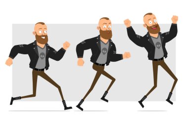 Çizgi film düz komik güçlü sakallı punk holigan deri ceketli mohawk. Animasyon için hazır. Gülümseyen çocuk yürüyor, koşuyor ve zıplıyor. Gri arka planda izole edilmiş. Vektör simgesi ayarlandı.