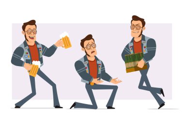 Çizgi film düz güçlü disko adamı güneş gözlüğü ve kot ceketli. Animasyon için hazır. Diz çöküp bira şişeleri ve kupalar taşıyan bir çocuk. Menekşe arka planda izole edilmiş. Vektör simgesi ayarlandı.