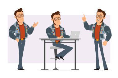 Çizgi film düz güçlü disko adamı güneş gözlüğü ve kot ceketli. Animasyon için hazır. Çocuk poz veriyor, dizüstü bilgisayarda çalışıyor ve dikkat çekme hareketi yapıyor. Menekşe arka planda izole edilmiş. Vektör simgesi ayarlandı.