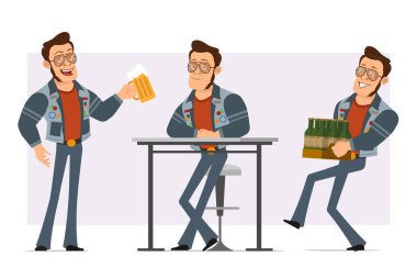 Çizgi film düz güçlü disko adamı güneş gözlüğü ve kot ceketli. Animasyon için hazır. Bira bardağı tutan ve bira şişeleri taşıyan bir çocuk. Menekşe arka planda izole edilmiş. Vektör simgesi ayarlandı.