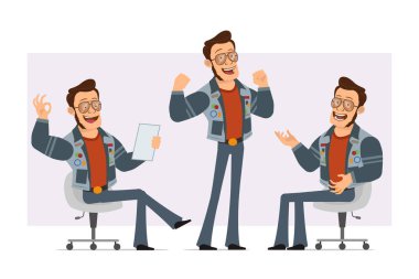 Çizgi film düz güçlü disko adamı güneş gözlüğü ve kot ceketli. Animasyon için hazır. Çocuk notu okuyor, kaslarını gösteriyor ve iyi bir jest yapıyor. Menekşe arka planda izole edilmiş. Vektör simgesi ayarlandı.