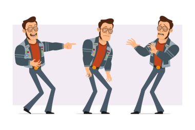 Çizgi film düz güçlü disko adamı güneş gözlüğü ve kot ceketli. Animasyon için hazır. Çocuk gülüyor, yorgun, üzgün, korkmuş ve parmağını gösteriyor. Menekşe arka planda izole edilmiş. Vektör simgesi ayarlandı.