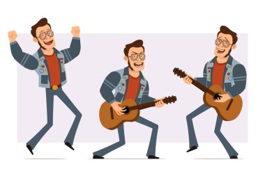 Çizgi film düz güçlü disko adamı güneş gözlüğü ve kot ceketli. Animasyon için hazır. Çocuk akustik gitarla zıplıyor ve çalıyor. Menekşe arka planda izole edilmiş. Vektör simgesi ayarlandı.