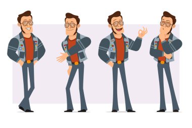 Çizgi film düz güçlü disko adamı güneş gözlüğü ve kot ceketli. Animasyon için hazır. Çocuk düşünüyor, el sıkışıyor ve işaret veriyor. Menekşe arka planda izole edilmiş. Vektör simgesi ayarlandı.
