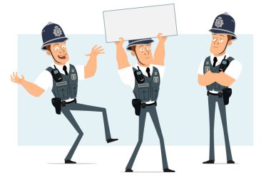 Çizgi film düz komik güçlü polis karakteri kurşun geçirmez yelek ve radyo. Çocuk atlıyor ve elinde mesaj için boş tabela tutuyor. Animasyon için hazır. Mavi arka planda izole edilmiş. Vektör seti.