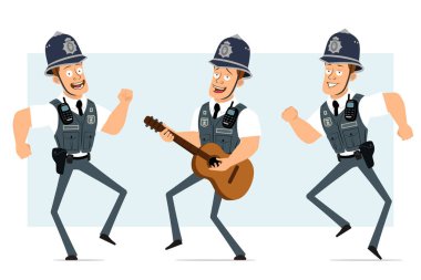 Çizgi film düz komik güçlü polis karakteri kurşun geçirmez yelek ve radyo. Çocuk atlıyor, dans ediyor ve gitar çalıyor. Animasyon için hazır. Mavi arka planda izole edilmiş. Vektör seti.