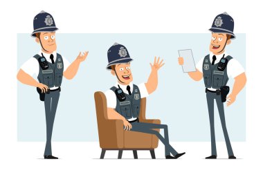 Çizgi film düz komik güçlü polis karakteri kurşun geçirmez yelek ve radyo. Çocuk poz veriyor, dinleniyor ve belge okuyor. Animasyon için hazır. Mavi arka planda izole edilmiş. Vektör seti.