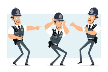 Çizgi film düz komik güçlü polis karakteri kurşun geçirmez yelek ve radyo. Çocuk üzgün, yorgun, gülüyor ve korkuyor. Animasyon için hazır. Mavi arka planda izole edilmiş. Vektör seti.