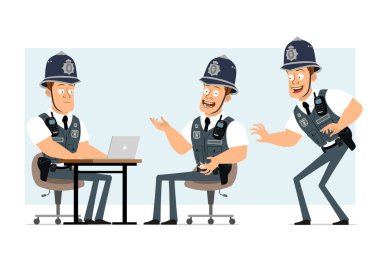 Çizgi film düz komik güçlü polis karakteri kurşun geçirmez yelek ve radyo. Çocuk dizüstü bilgisayarla poz veriyor ve çalışıyor. Animasyon için hazır. Mavi arka planda izole edilmiş. Vektör seti.