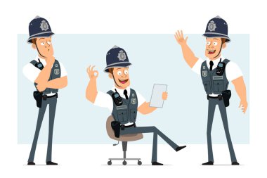 Çizgi film düz komik güçlü polis karakteri kurşun geçirmez yelek ve radyo. Çocuk belge okuyor ve iyi bir jest yapıyor. Animasyon için hazır. Mavi arka planda izole edilmiş. Vektör seti.