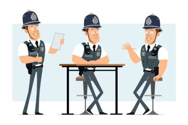 Çizgi film düz komik güçlü polis karakteri kurşun geçirmez yelek ve radyo. Çocuk poz veriyor ve belge okuyor. Animasyon için hazır. Mavi arka planda izole edilmiş. Vektör seti.