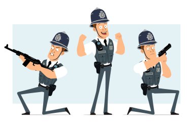 Çizgi film düz komik güçlü polis karakteri kurşun geçirmez yelek ve radyo. Çocuk otomatik tüfek ve tabanca tutuyor. Animasyon için hazır. Mavi arka planda izole edilmiş. Vektör seti.