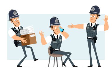 Çizgi film düz komik güçlü polis karakteri kurşun geçirmez yelek ve radyo. Çocuk telefonla konuşuyor ve elinde belgelerle bir kutu taşıyor. Animasyon için hazır. Mavi arka planda izole edilmiş. Vektör seti.