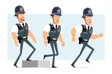 Çizgi film düz komik güçlü polis karakteri kurşun geçirmez yelek ve radyo. Başarılı, yorgun çocuk hedefine doğru yürüyor. Animasyon için hazır. Mavi arka planda izole edilmiş. Vektör seti.