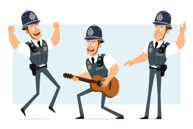 Çizgi film düz komik güçlü polis karakteri kurşun geçirmez yelek ve radyo. Çocuk atlıyor, dans ediyor ve gitar çalıyor. Animasyon için hazır. Mavi arka planda izole edilmiş. Vektör seti.