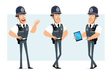 Çizgi film düz komik güçlü polis karakteri kurşun geçirmez yelek ve radyo. Çocuk akıllı tablet tutuyor ve tamam işareti gösteriyor. Animasyon için hazır. Mavi arka planda izole edilmiş. Vektör seti.