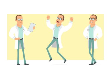 Çizgi film düz komik güçlü doktor karakteri beyaz üniformalı ve gözlüklü. Çocuk atlama, poz verme ve belge okuma. Animasyon için hazır. Sarı arka planda izole edilmiş. Vektör seti.