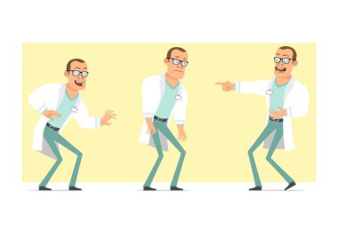 Çizgi film düz komik güçlü doktor karakteri beyaz üniformalı ve gözlüklü. Çocuk üzgün, yorgun, gülüyor ve korkuyor. Animasyon için hazır. Sarı arka planda izole edilmiş. Vektör seti.