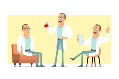 Çizgi film düz komik güçlü doktor karakteri beyaz üniformalı ve gözlüklü. Çocuk büyük bir hap tutuyor ve kanepede dinleniyor. Animasyon için hazır. Sarı arka planda izole edilmiş. Vektör seti.