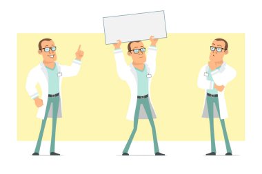 Çizgi film düz komik güçlü doktor karakteri beyaz üniformalı ve gözlüklü. Çocuk düşünüyor ve elinde mesaj için boş kağıt tabelaları tutuyor. Animasyon için hazır. Sarı arka planda izole edilmiş. Vektör seti.