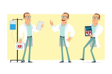 Çizgi film düz komik güçlü doktor karakteri beyaz üniformalı ve gözlüklü. Çocuk okuma, alıkoyma, tıbbi kavanoz ve ilk yardım çantası. Animasyon için hazır. Sarı arka planda izole edilmiş. Vektör seti.