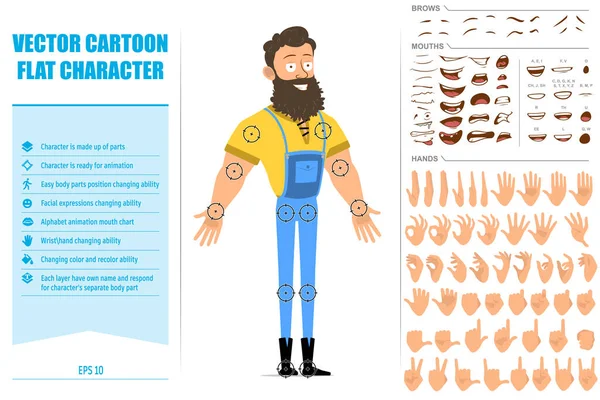 Çizgi Film Düz Komik Güçlü Sakallı Kot Pantolonlu Oduncu Animasyon — Stok Vektör