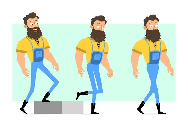 Cartoon Flache Lustige Starke Muskulöse Bärtige Holzfäller Blauen Jeans Bereit — Stockvektor