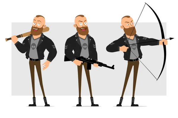 漫画フラット面白い強い髭パンクフーリガン革のジャケットでMohawkと アニメーションの準備 少年は野球バットを持ち 弓とライフルで撃つ 灰色の背景に隔離されている ベクトルアイコンセット — ストックベクタ