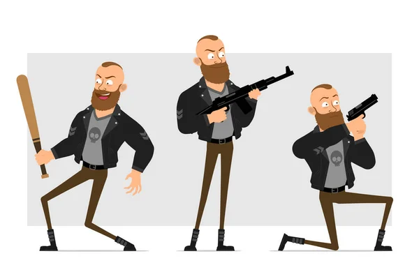 漫画のフラット強い髭パンクフーリガン革のジャケットでMohawkと アニメーションの準備 少年は野球バットを持ち ピストルとライフルで射撃する 灰色の背景に隔離されている ベクトルアイコンセット — ストックベクタ