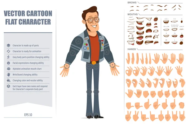 Çizgi film düz güçlü disko adamı güneş gözlüğü ve kot ceketli. Animasyon için hazır. Yüz ifadeleri, gözler, kaşlar, ağız ve elleri düzenlemek kolay. Beyaz arka planda izole edilmiş. Büyük vektör simgesi kümesi.