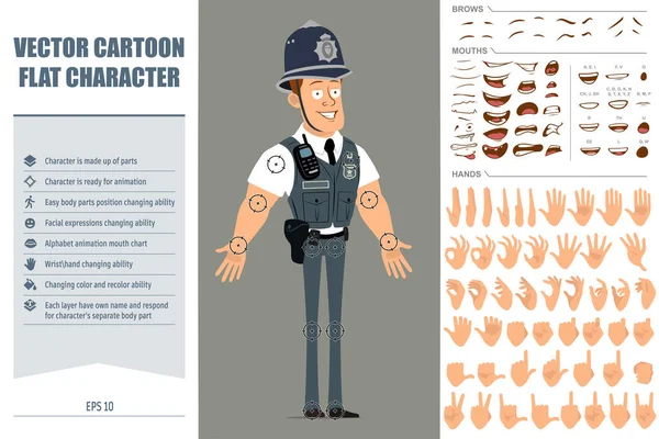 Cartoon Flat Funny Strong Policeman Character Bulletproof Vest Radio Set — Stock Vector
