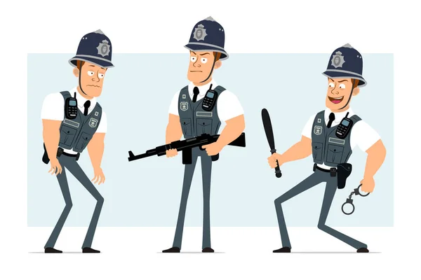卡通平面搞笑强烈的警察性格在防弹背心与收音机 带着手铐和警棍站在那里的男孩 准备好动画了被蓝色背景隔离了矢量集 — 图库矢量图片